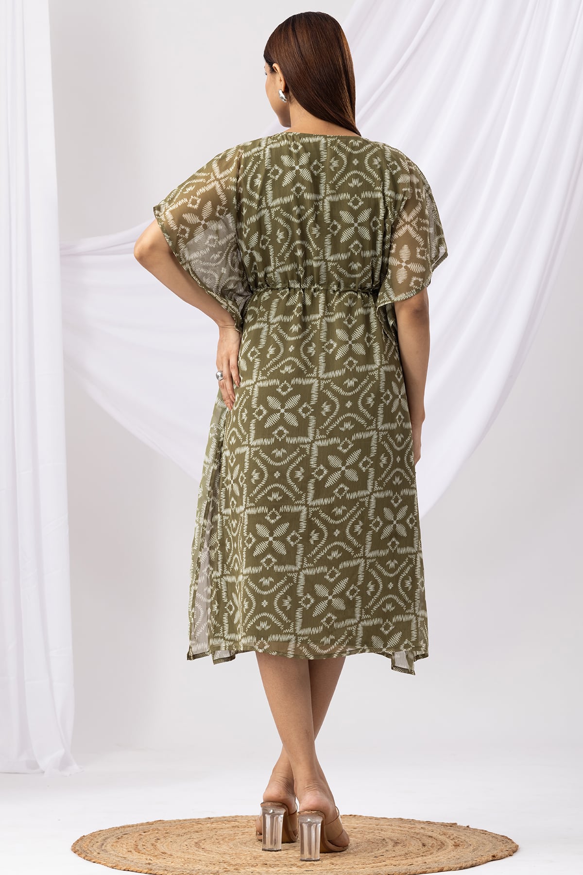 Green Printed Kaftan Dress Women's