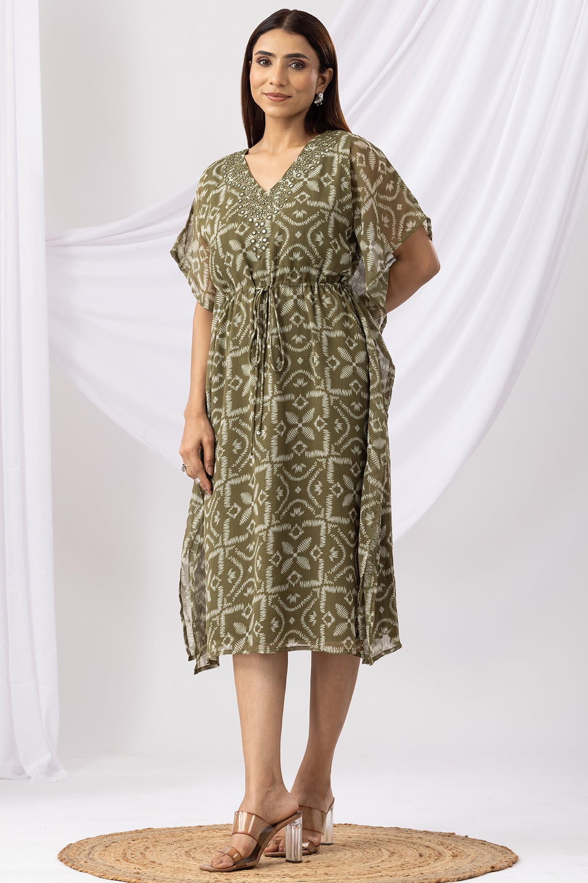 Green Printed Kaftan Dress Women's