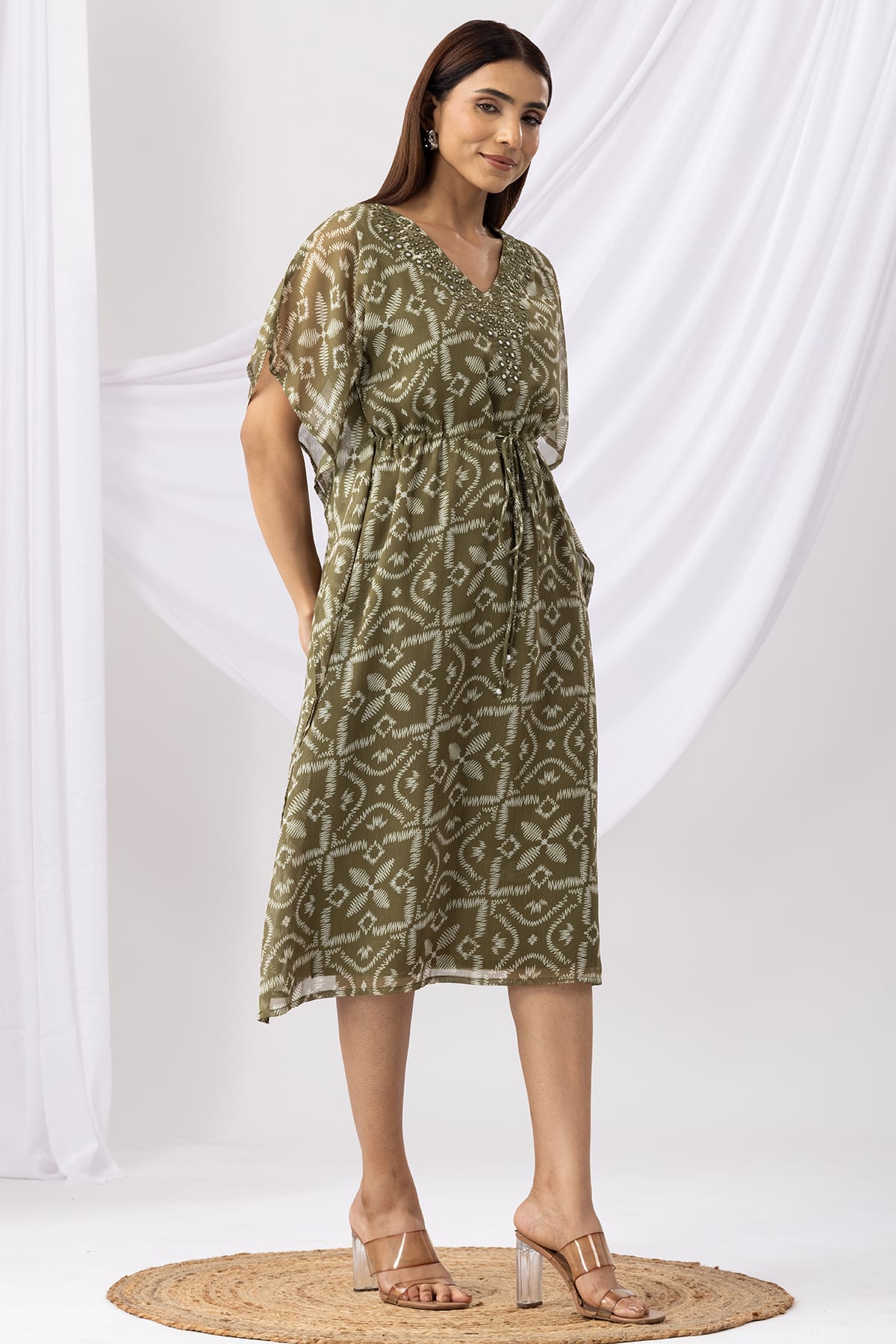 Green Printed Kaftan Dress Women's