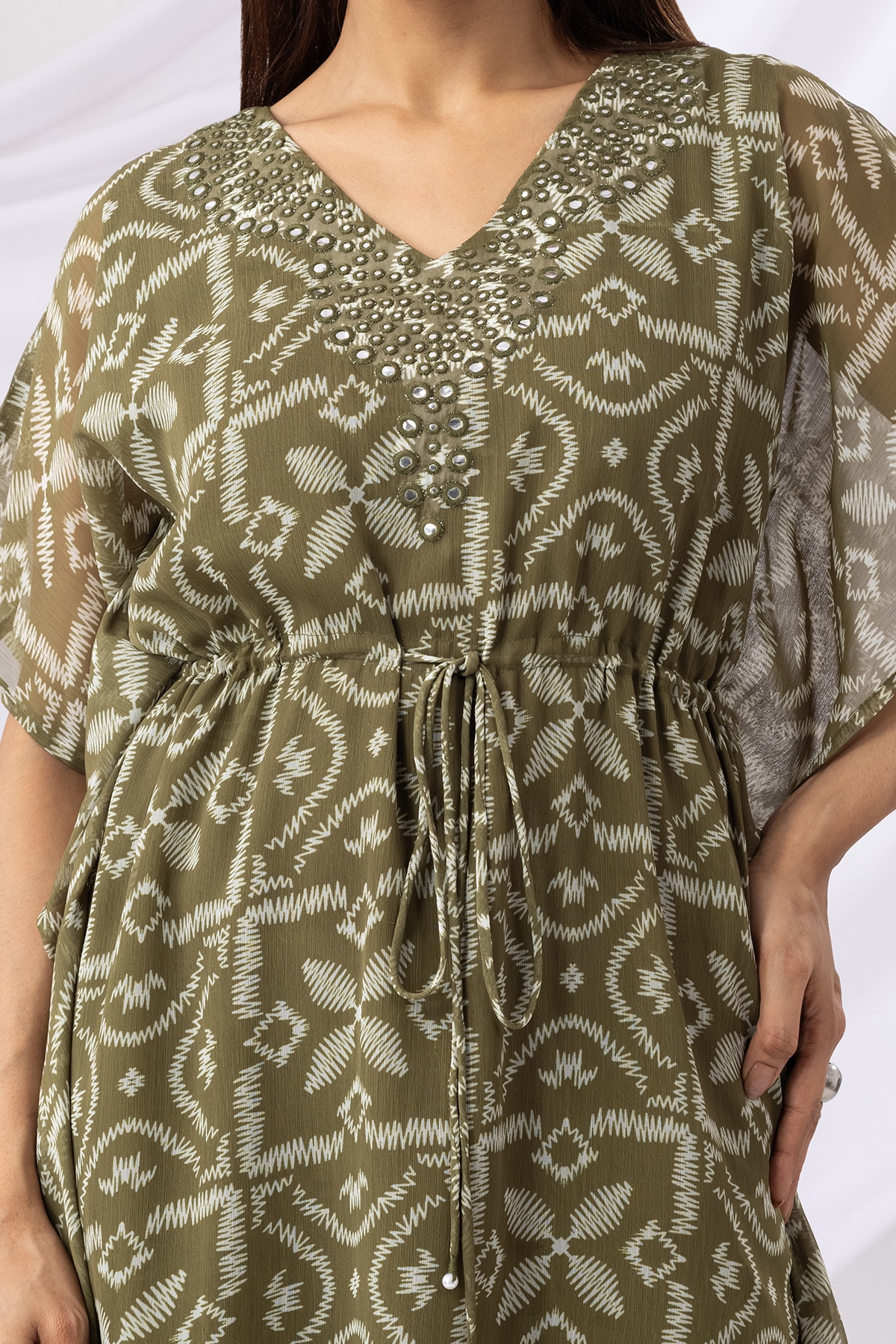 Green Printed Kaftan Dress Women's