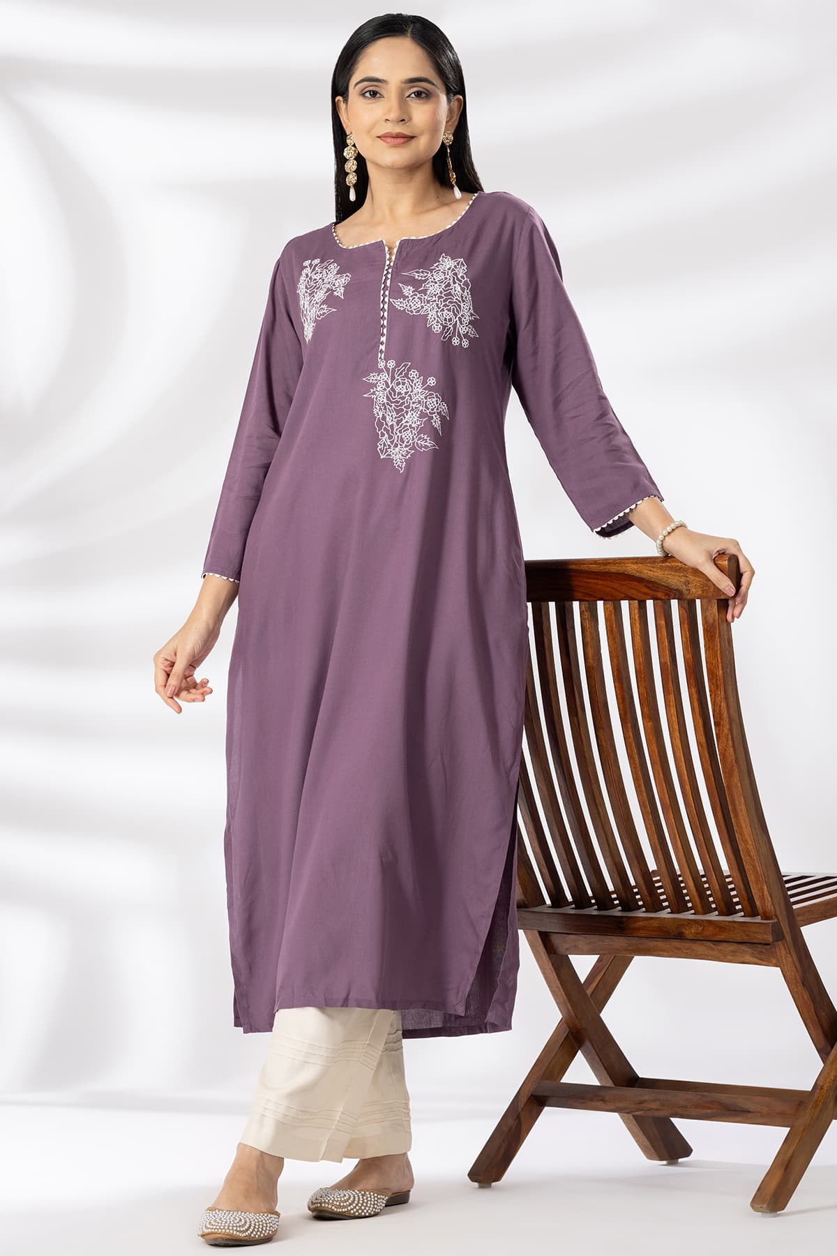 Embroidered Purple Kurta For Woman