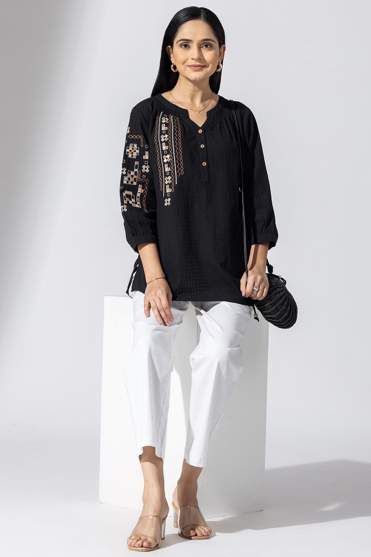 Embroidered Black Tops Ladies