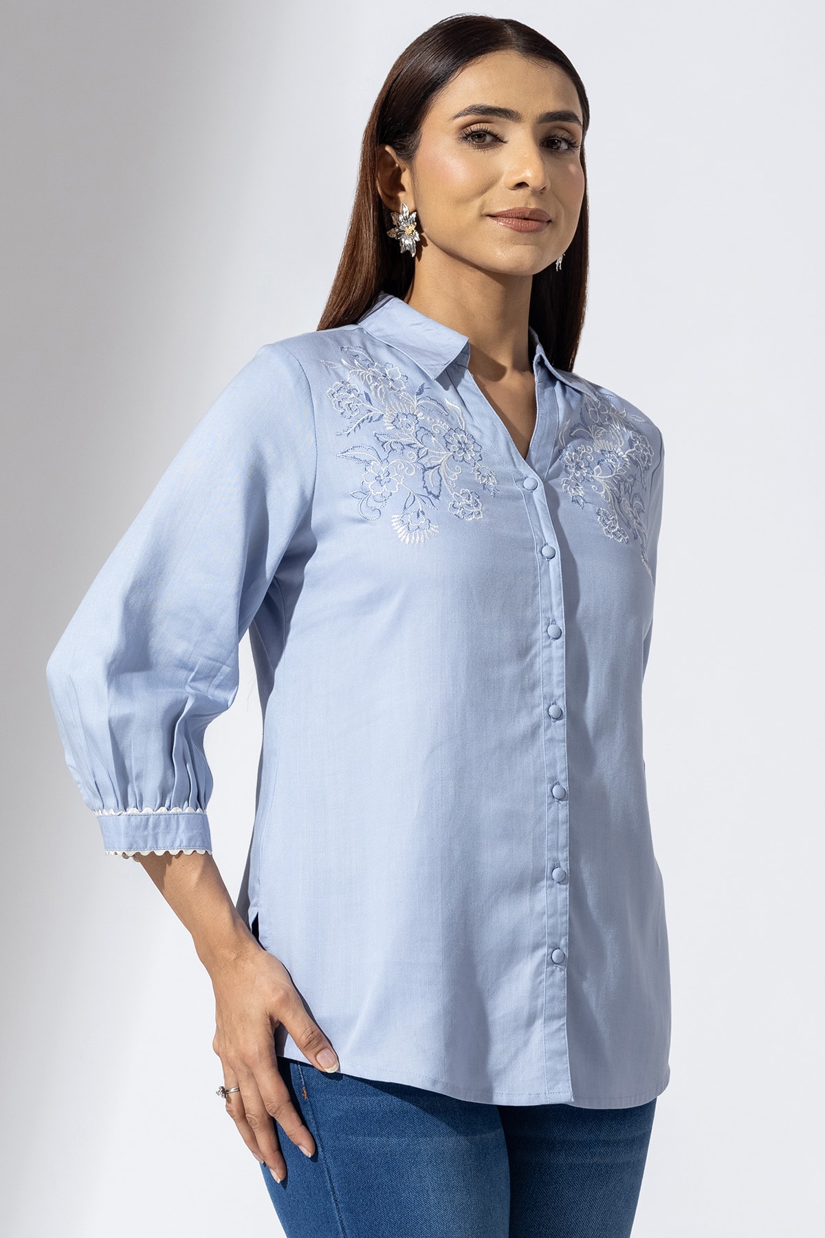Embroidered Blue Shirt Women