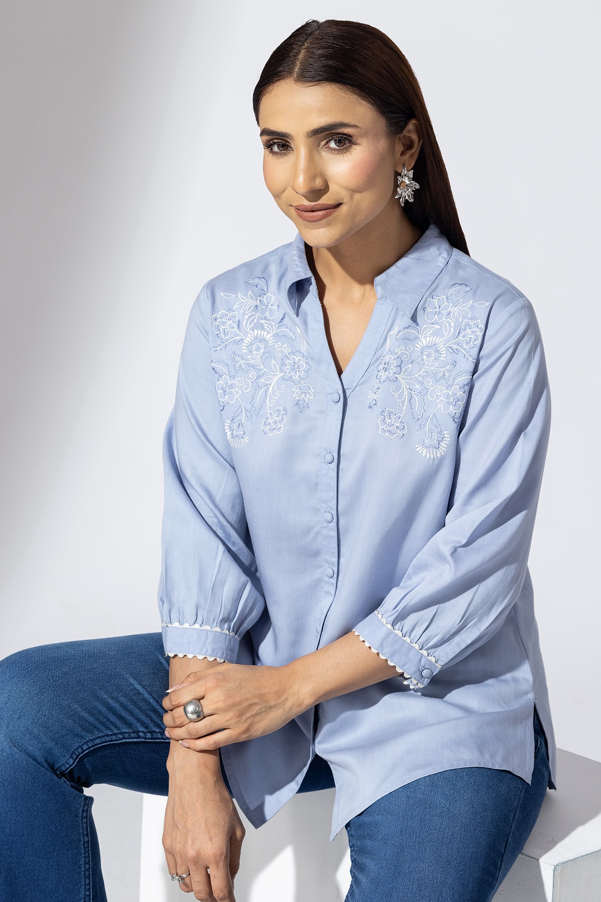 Embroidered Blue Shirt Women