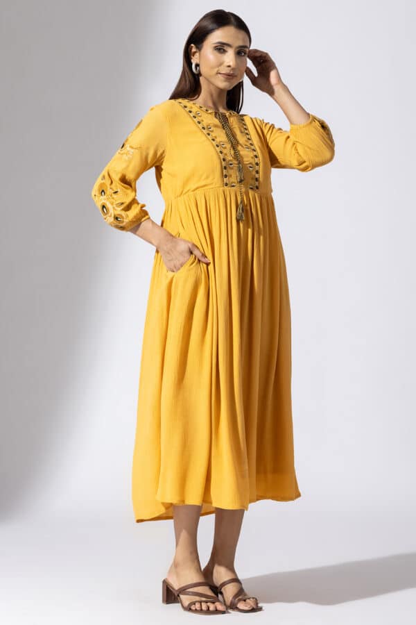 Embroidered Mustard Yellow Dress For Woman