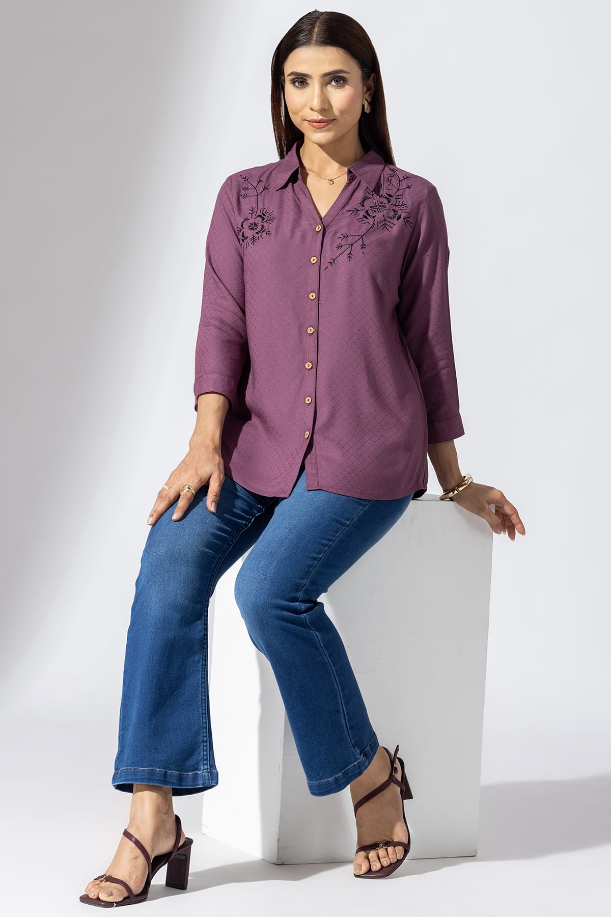 Mauve Embroidered Collared Shirts For Women