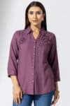 Mauve Embroidered Collared Shirts For Women