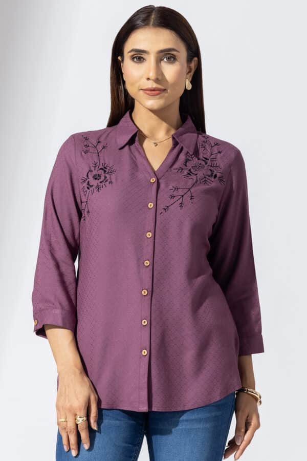 Mauve Embroidered Collared Shirts For Women