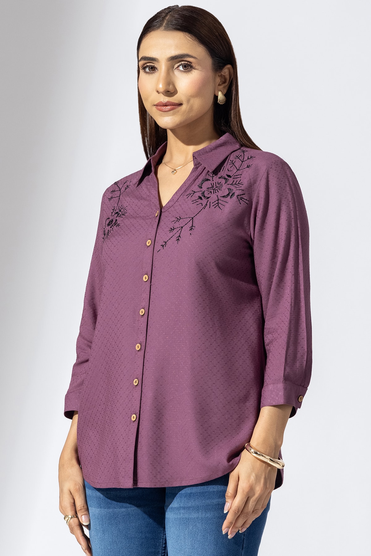 Mauve Embroidered Collared Shirts For Women