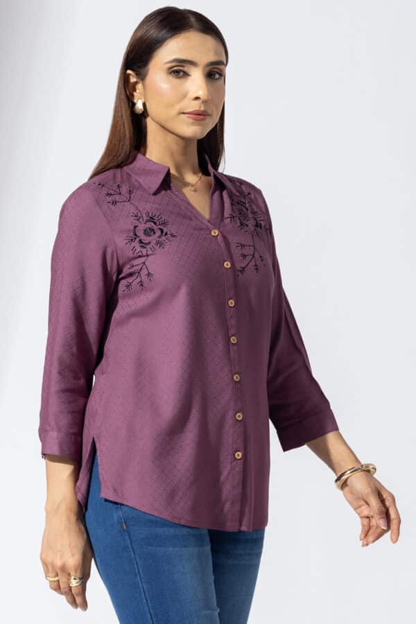 Mauve Embroidered Collared Shirts For Women