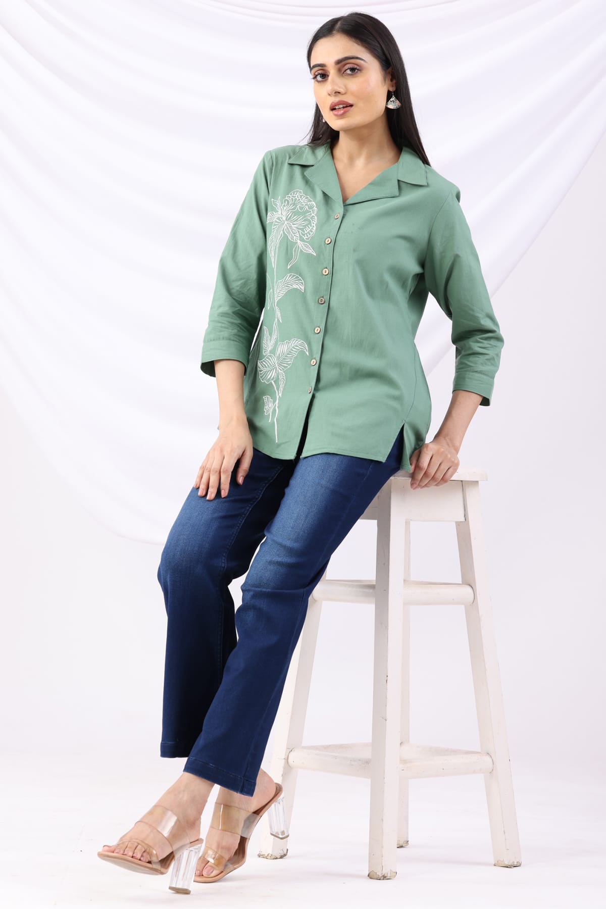 Green Embroidered Shirt For Women