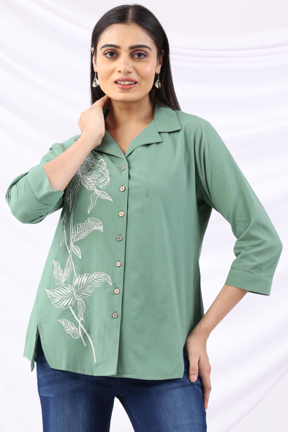 Green Embroidered Shirt For Women