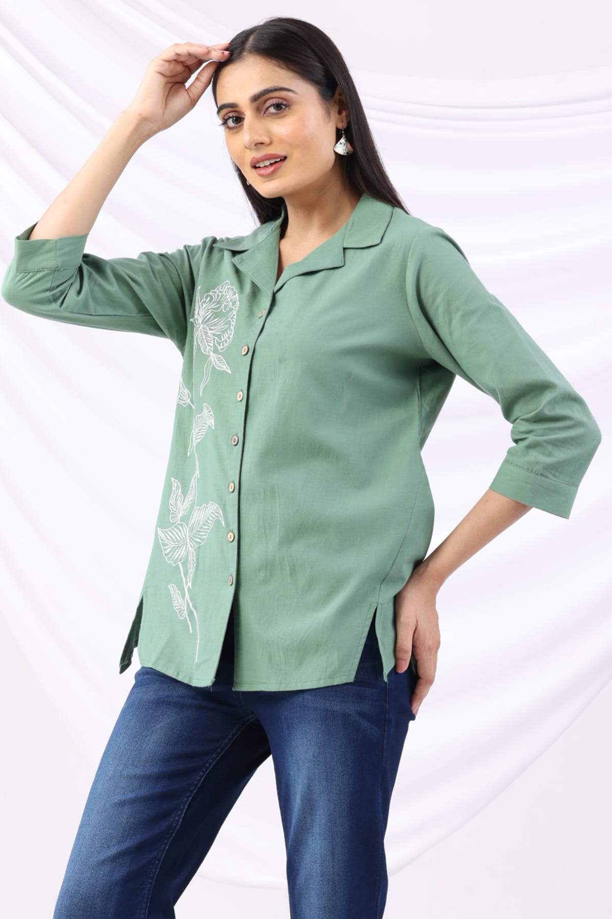 Green Embroidered Shirt For Women