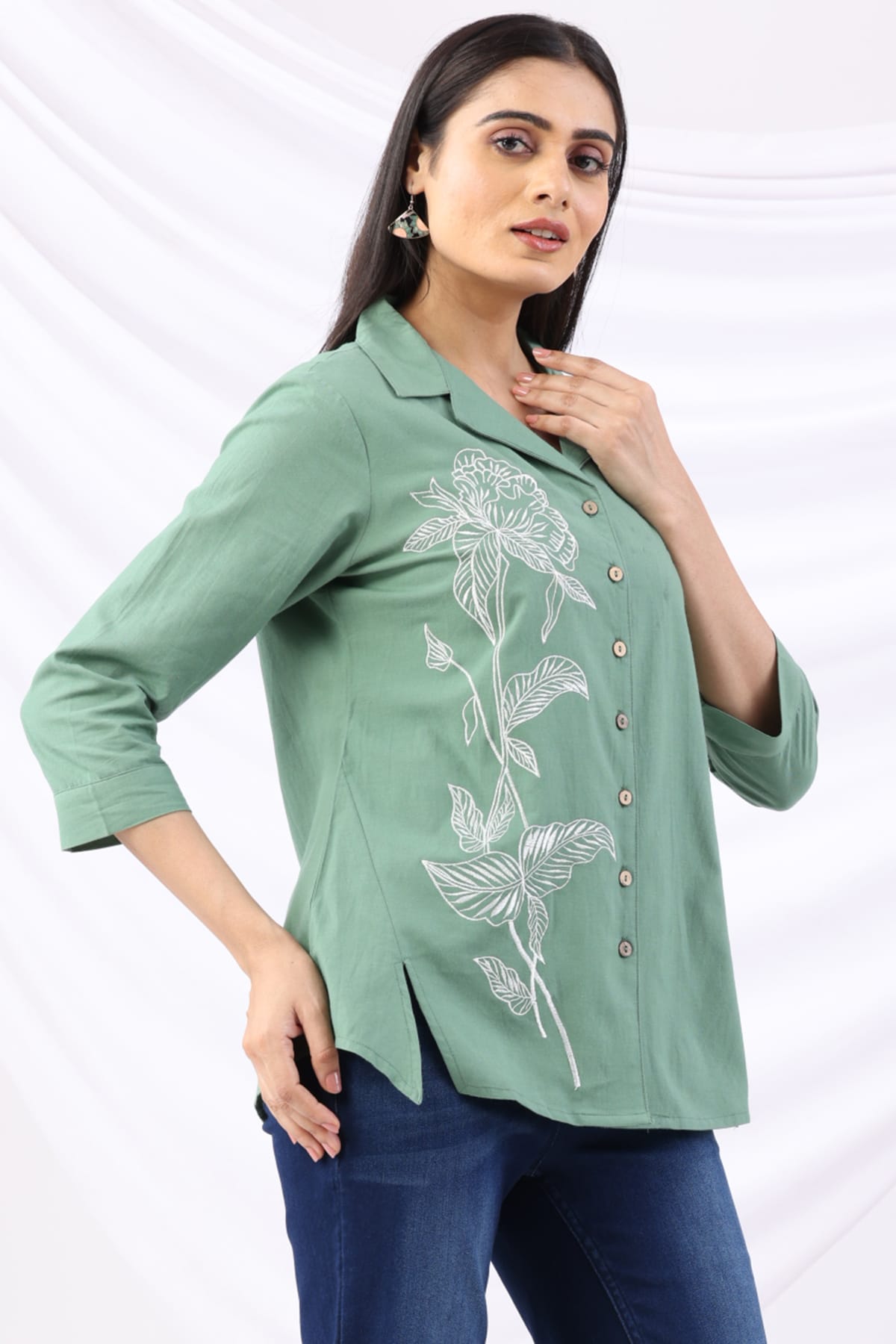Green Embroidered Shirt For Women