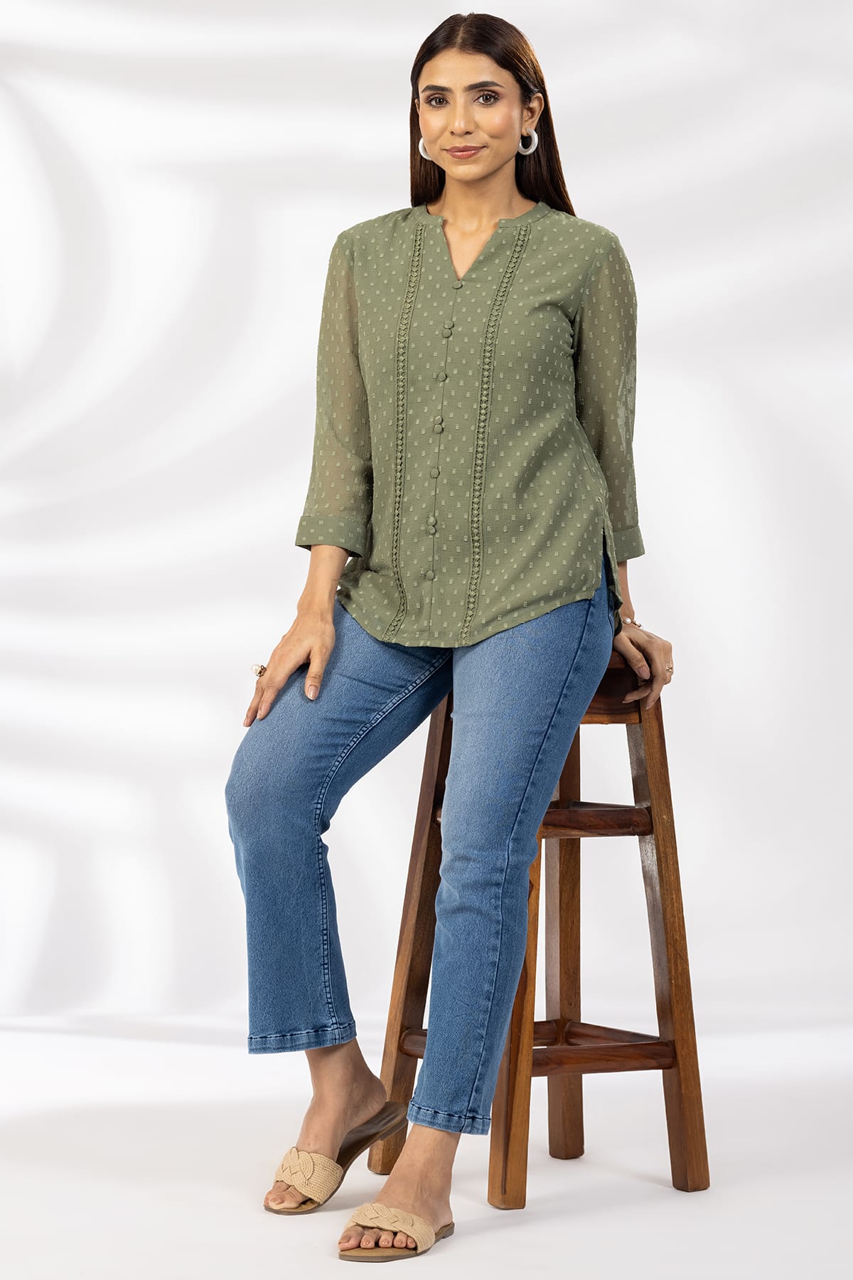 Dobby Olive Green Tops Ladies