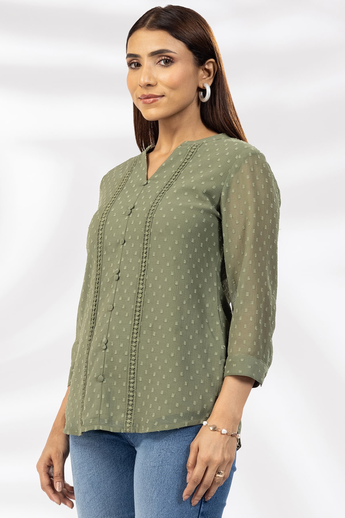 Dobby Olive Green Tops Ladies
