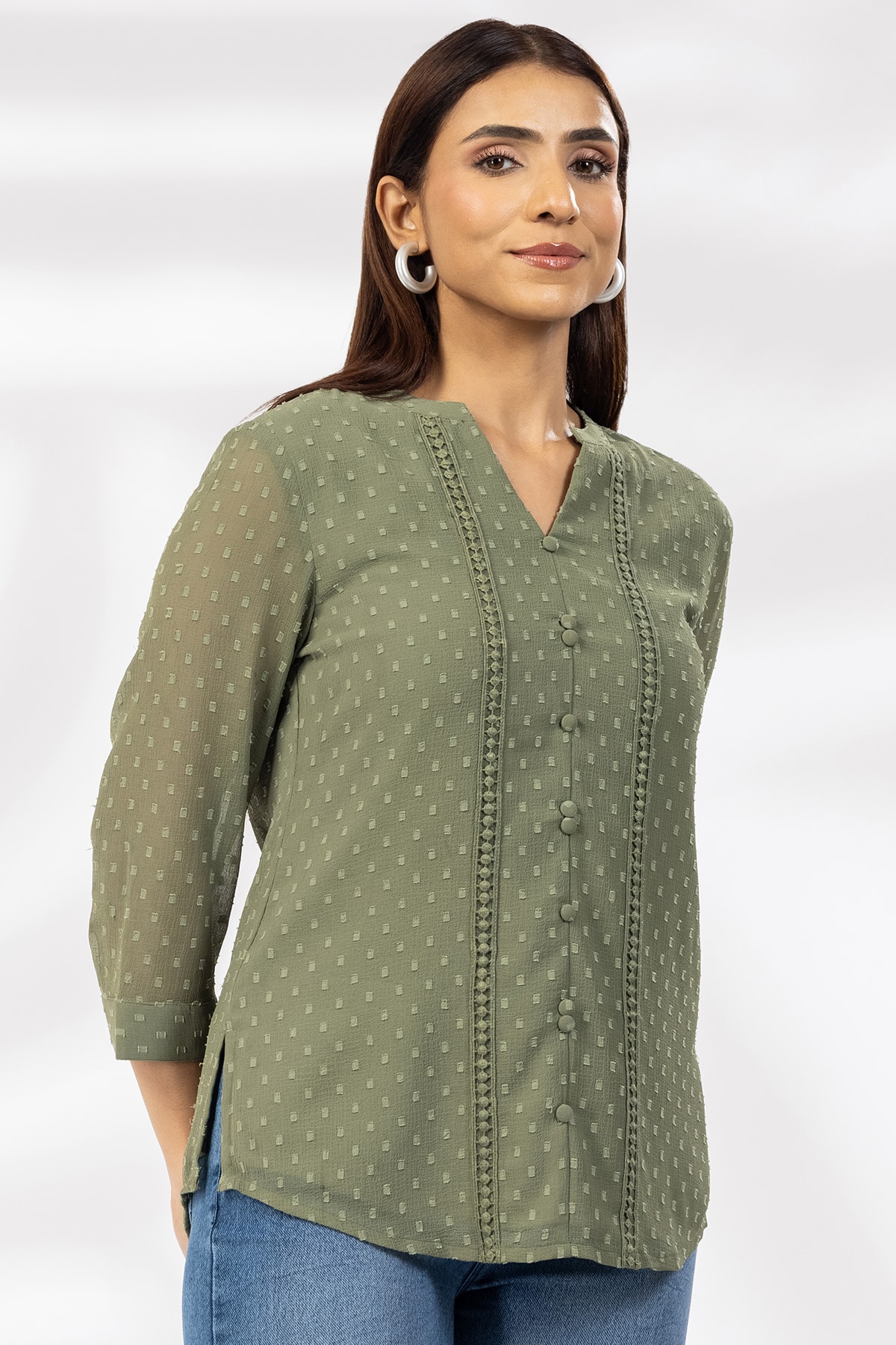Dobby Olive Green Tops Ladies