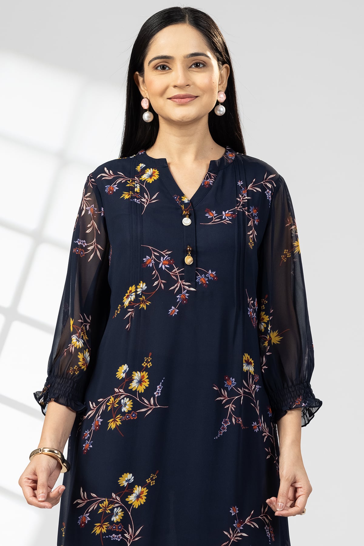Navy Blue Printed Georgette Dress Woman