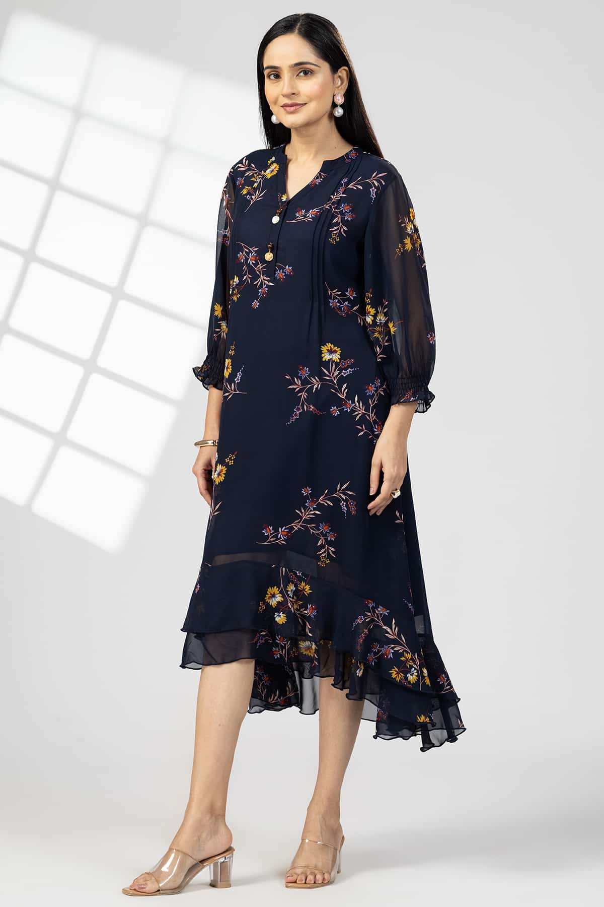 Navy Blue Printed Georgette Dress Woman