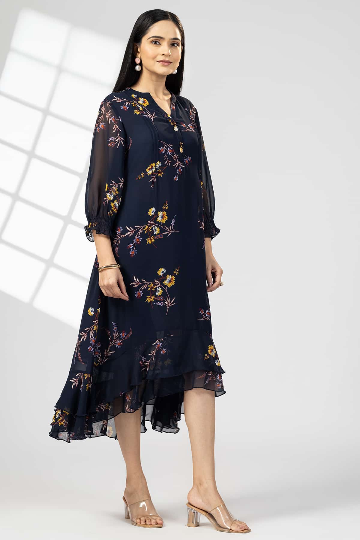 Navy Blue Printed Georgette Dress Woman