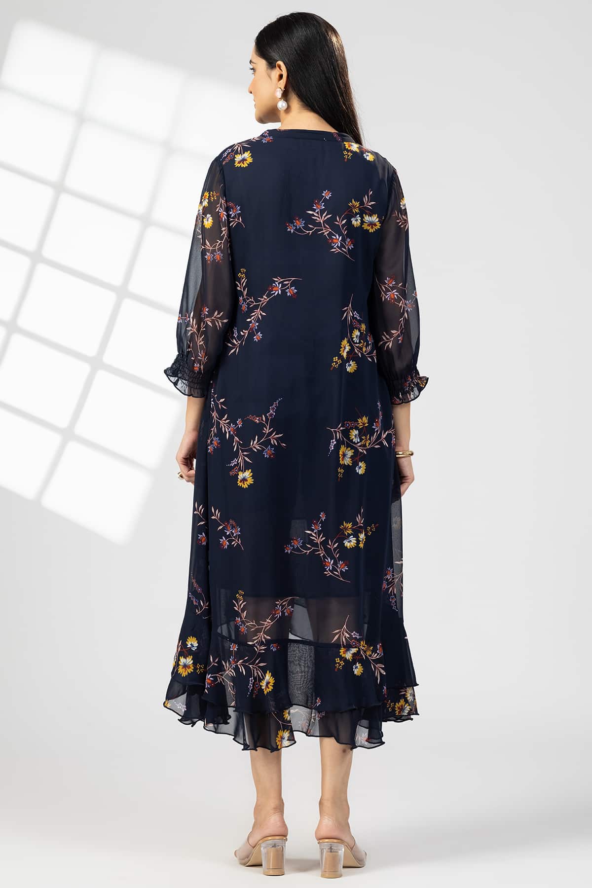 Navy Blue Printed Georgette Dress Woman