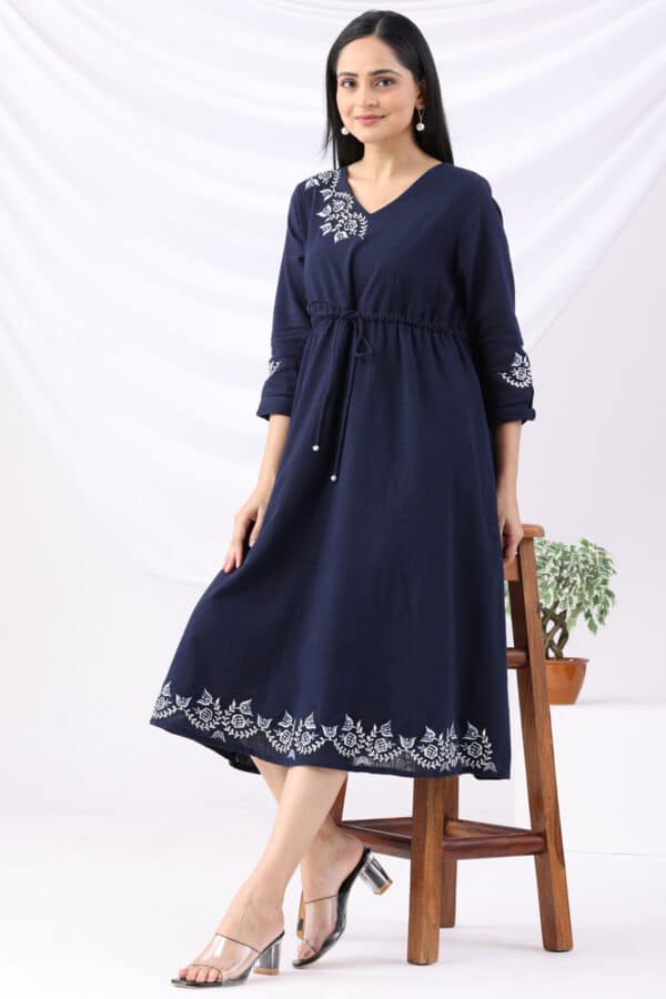 Embroidered Navy V Neckline Dress For Ladies