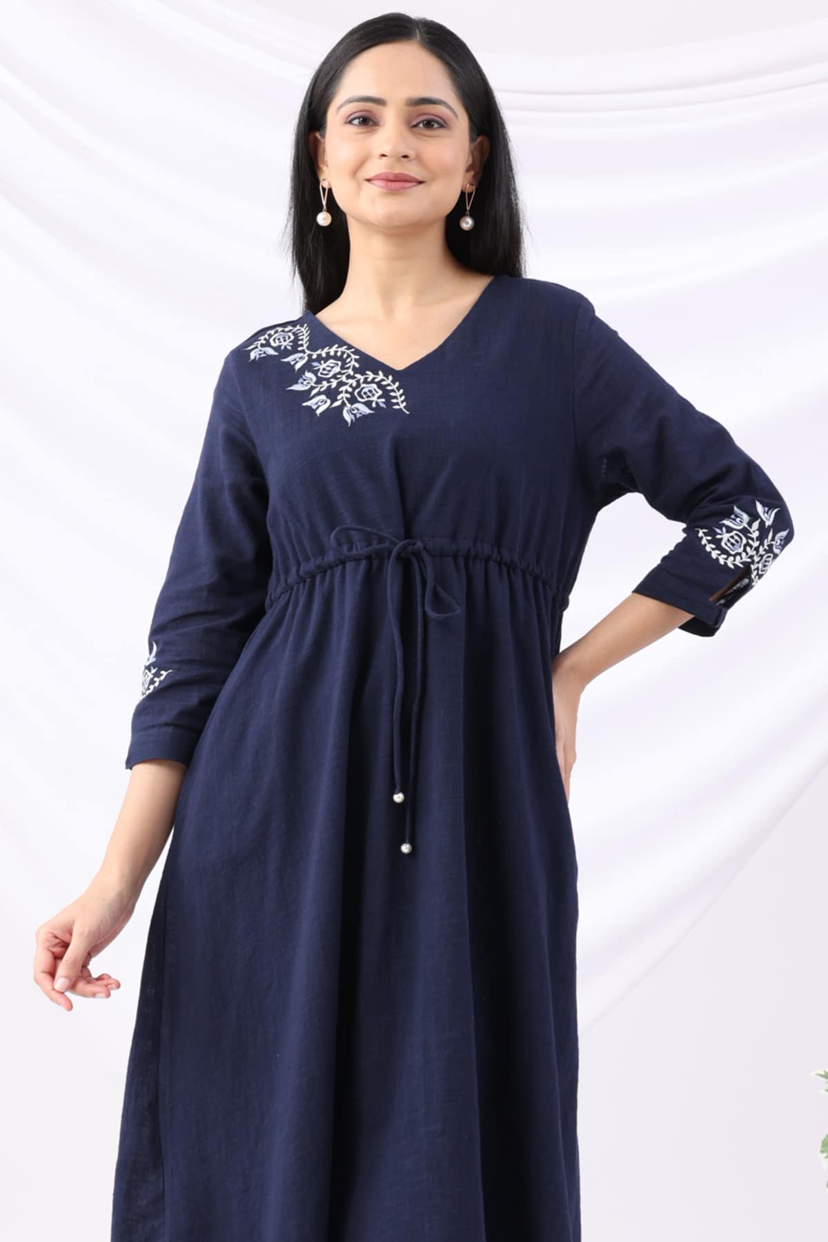 Embroidered Navy V Neckline Dress For Ladies