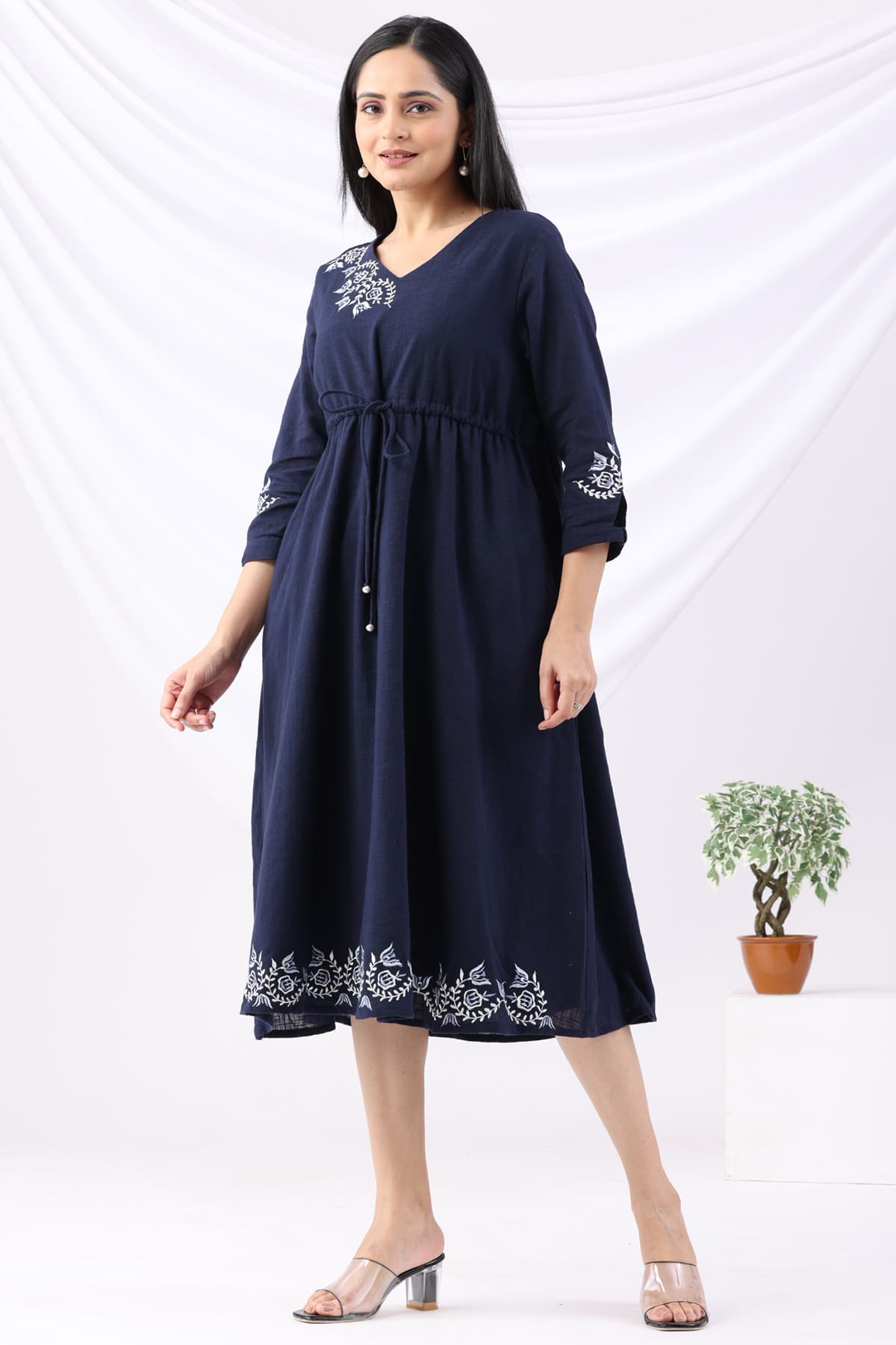 Embroidered Navy V Neckline Dress For Ladies