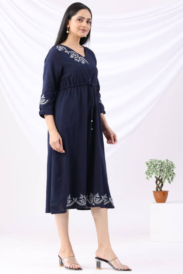 Embroidered Navy V Neckline Dress For Ladies