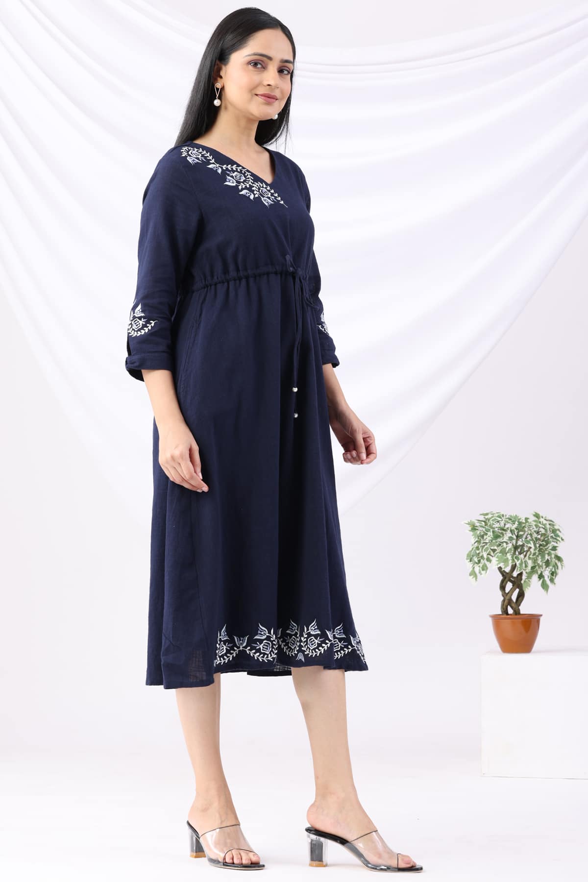 Embroidered Navy V Neckline Dress For Ladies