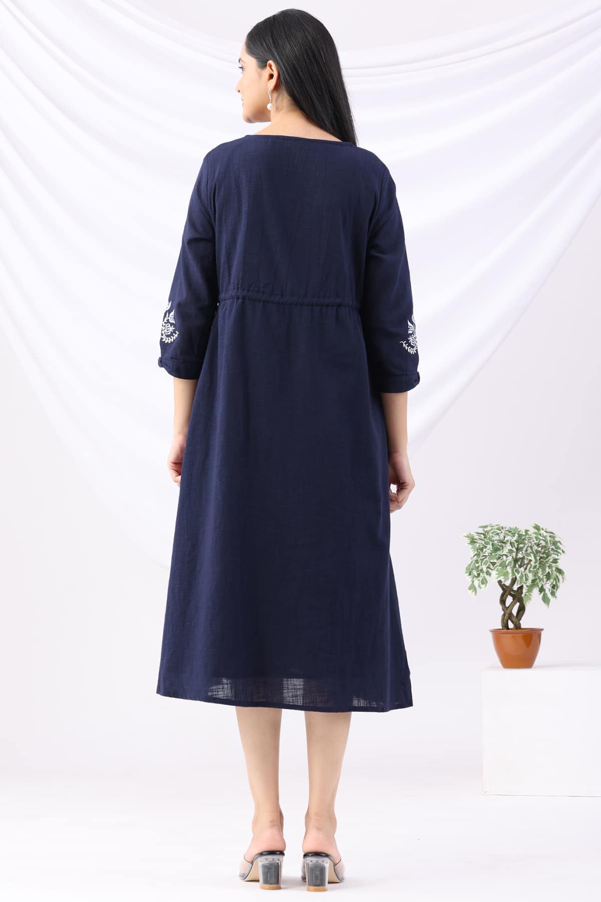 Embroidered Navy V Neckline Dress For Ladies