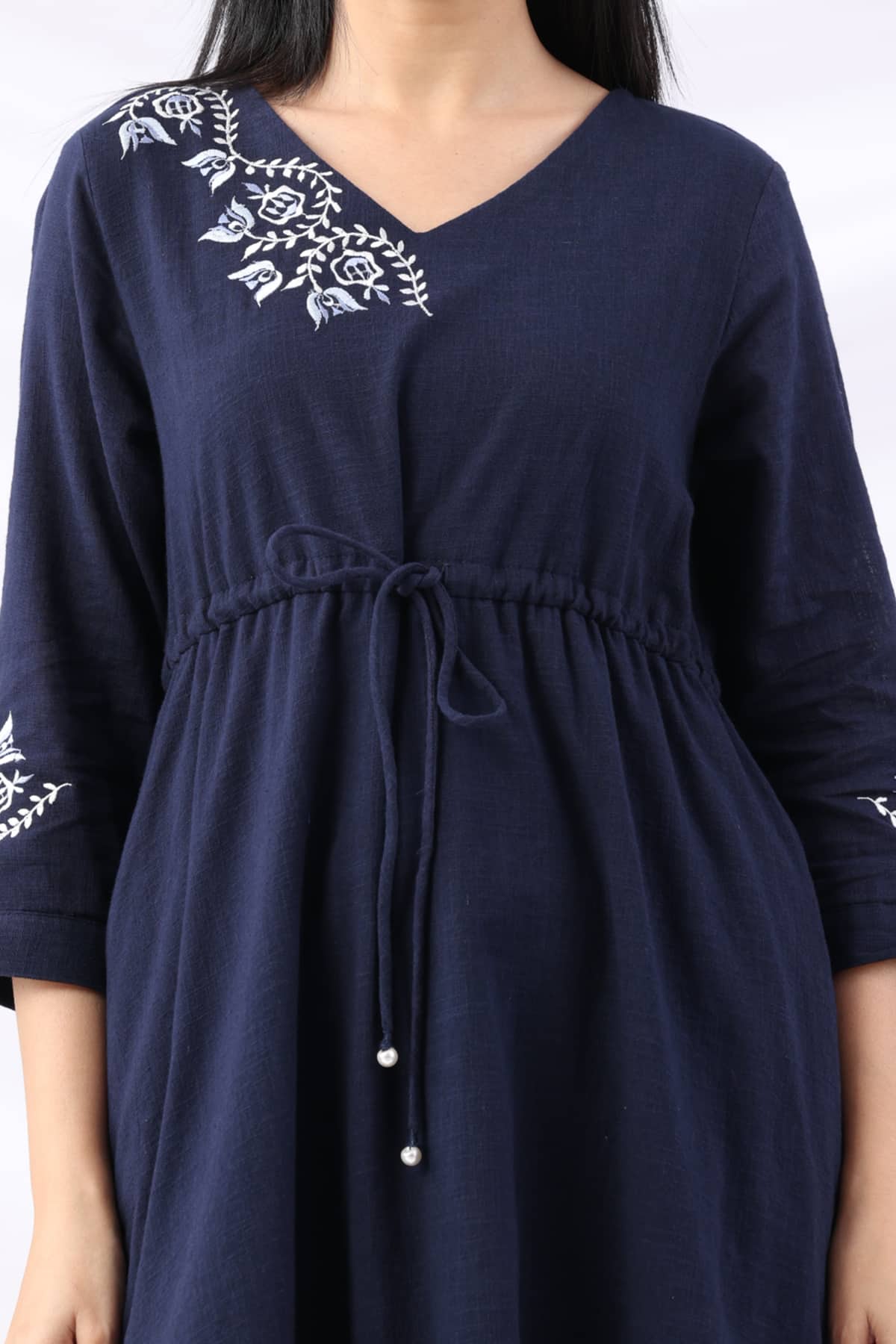 Embroidered Navy V Neckline Dress For Ladies