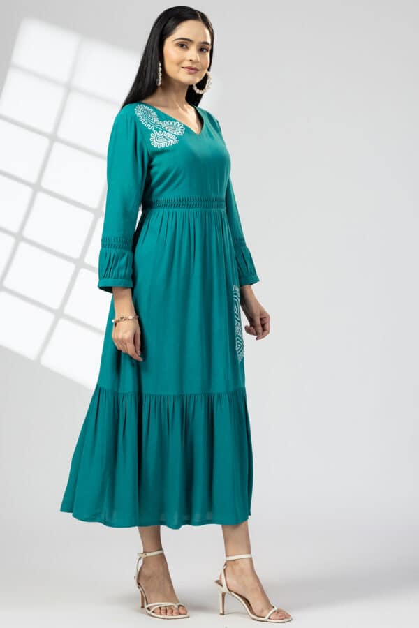 Embroidered Sea Green Maxi Dress Long For Women