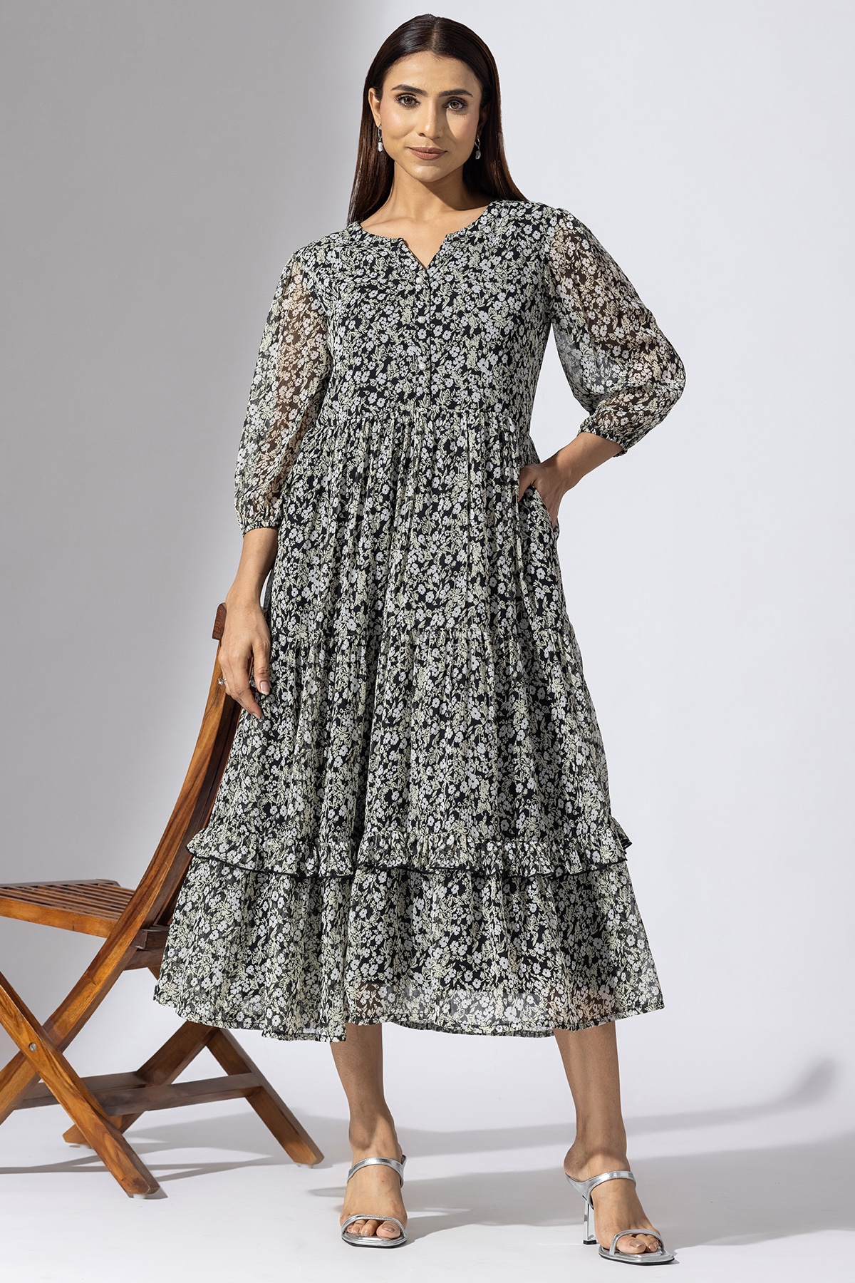 Printed Black And White Dress Women