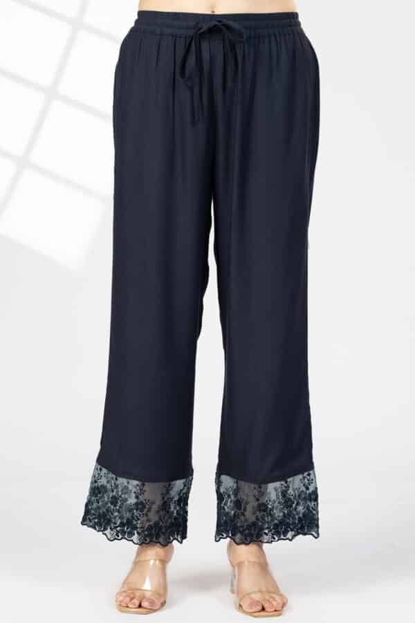 Embroidered Navy Blue Palazzo Women Pants