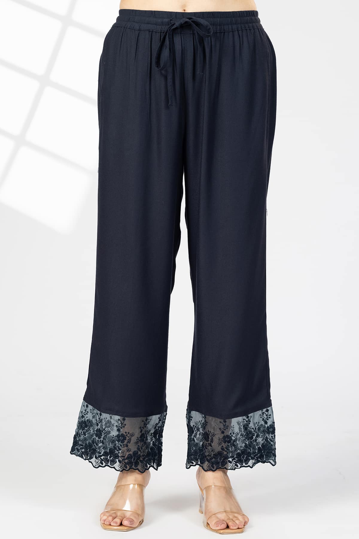 Embroidered Navy Blue Palazzo Women Pants