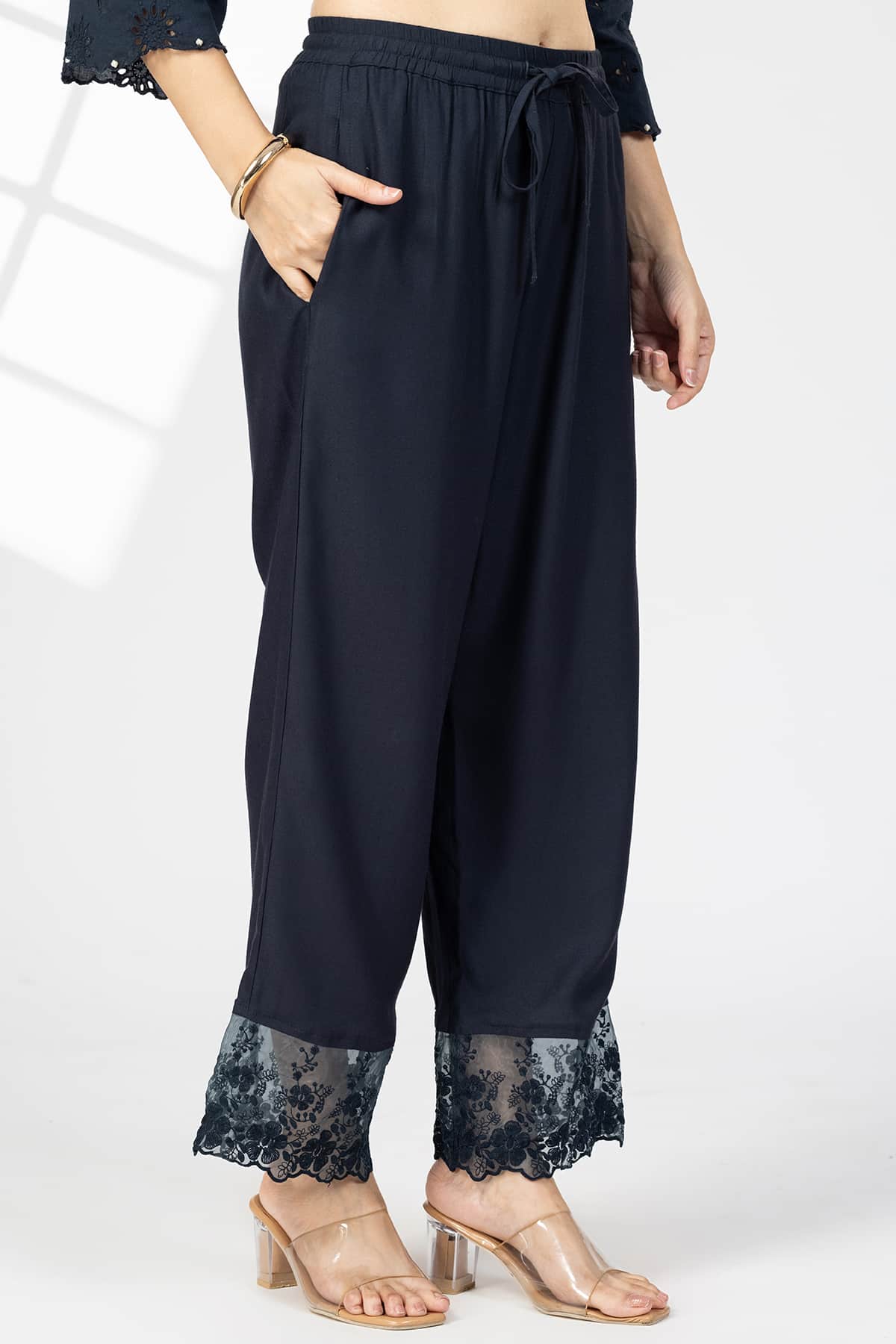 Embroidered Navy Blue Palazzo Women Pants