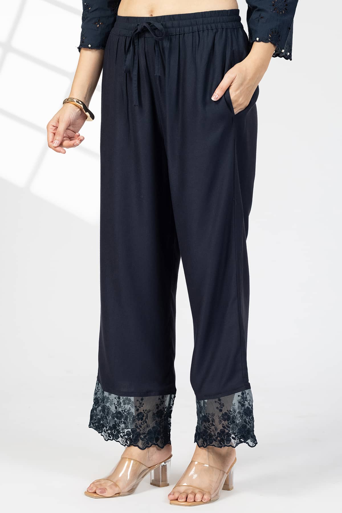 Embroidered Navy Blue Palazzo Women Pants