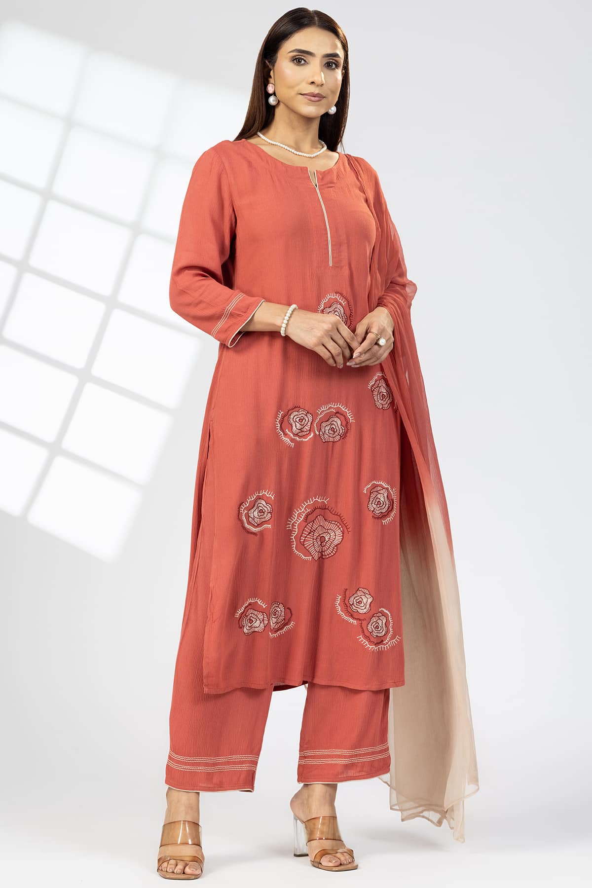 Rust Embroidered Kurti For Women