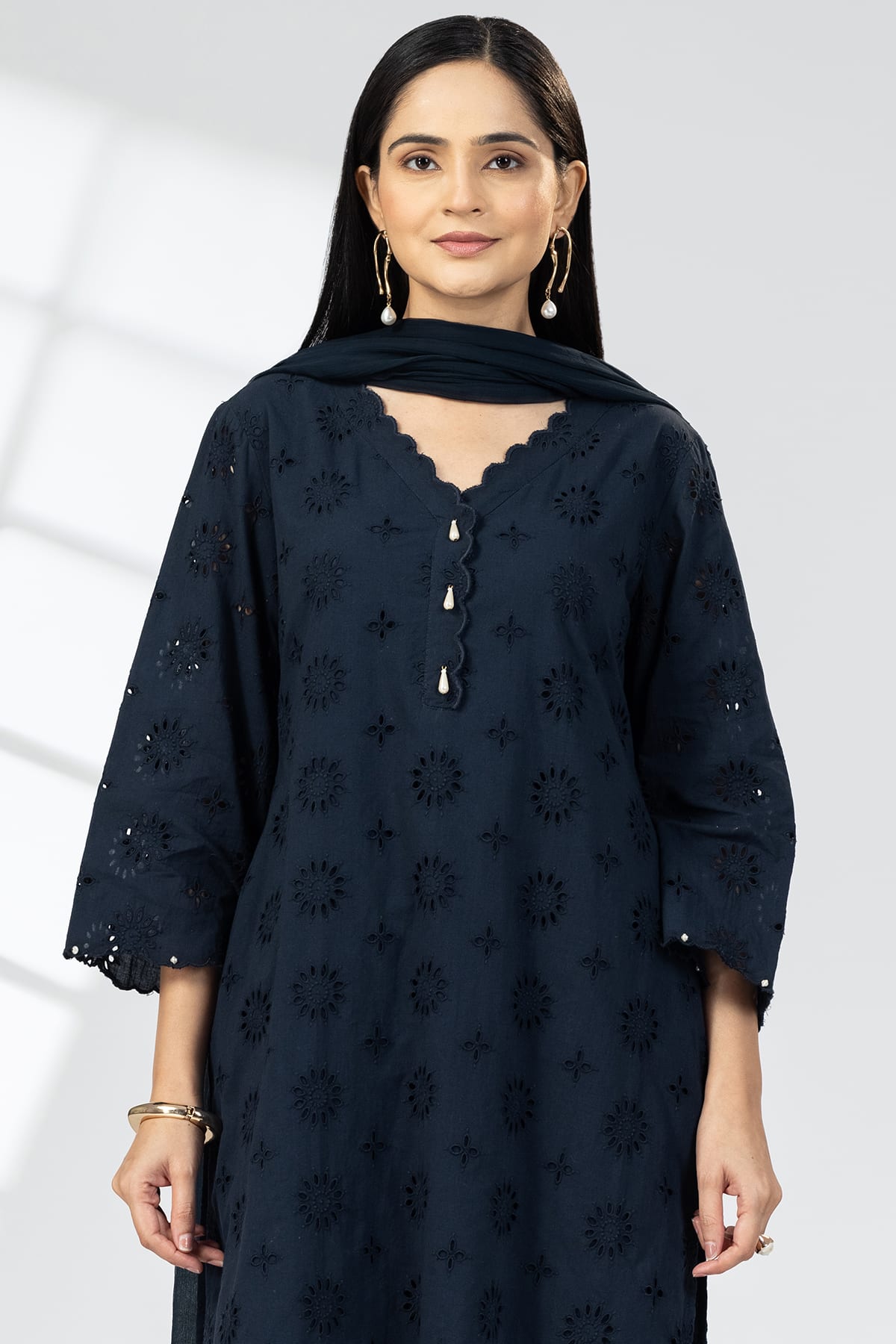 Schiffli Navy Blue Color Kurti For Ladies