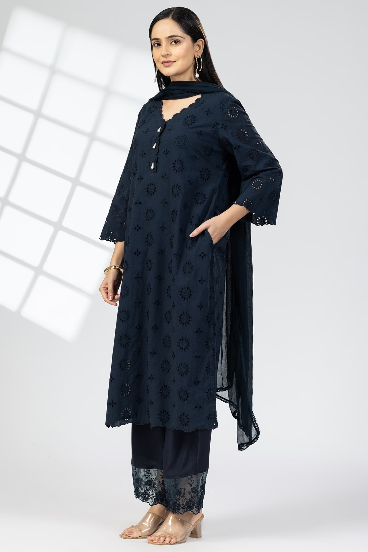 Schiffli Navy Blue Color Kurti For Ladies