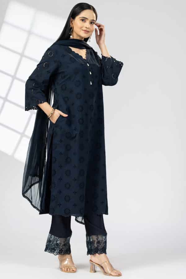 Schiffli Navy Blue Color Kurti For Ladies