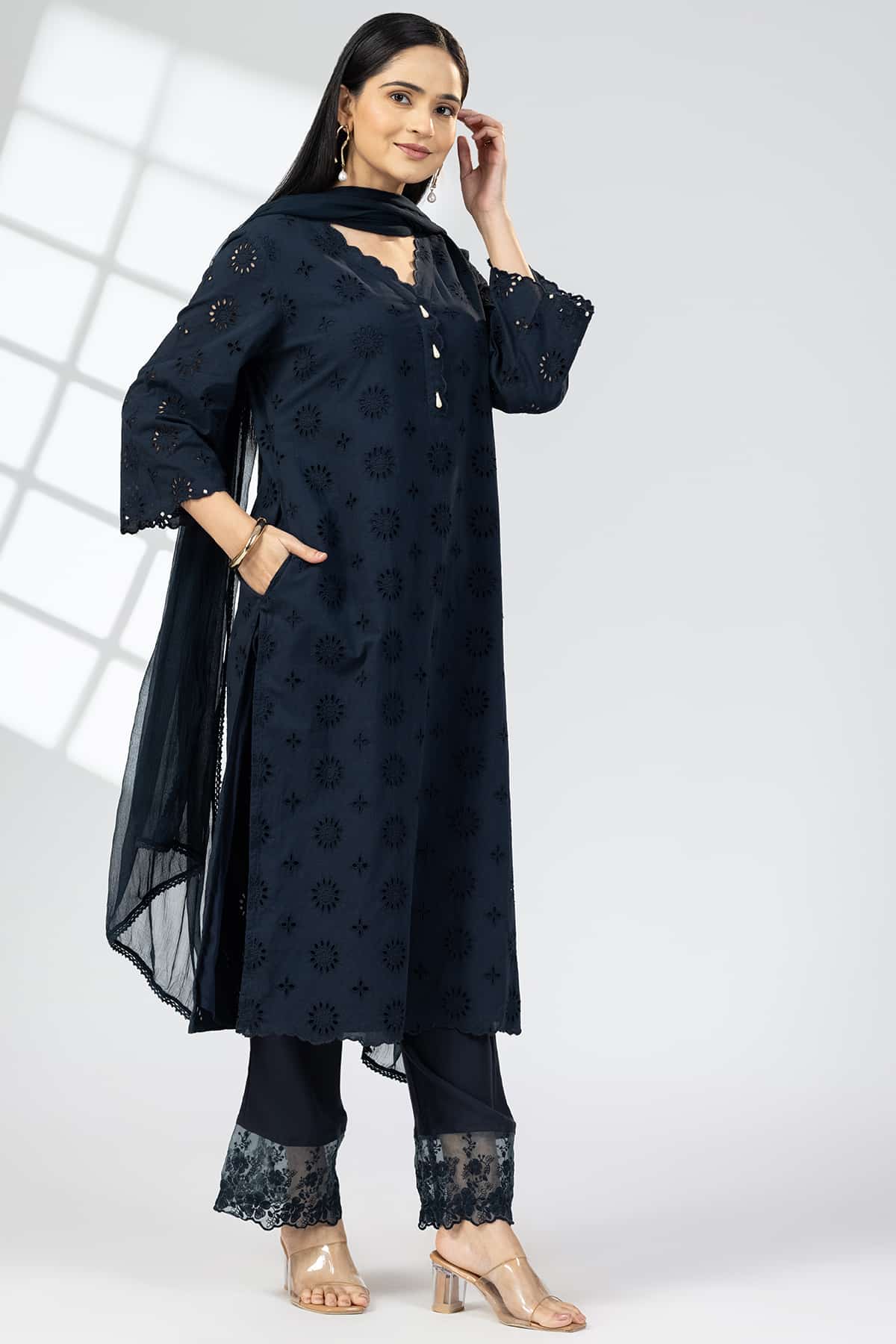 Schiffli Navy Blue Color Kurti For Ladies