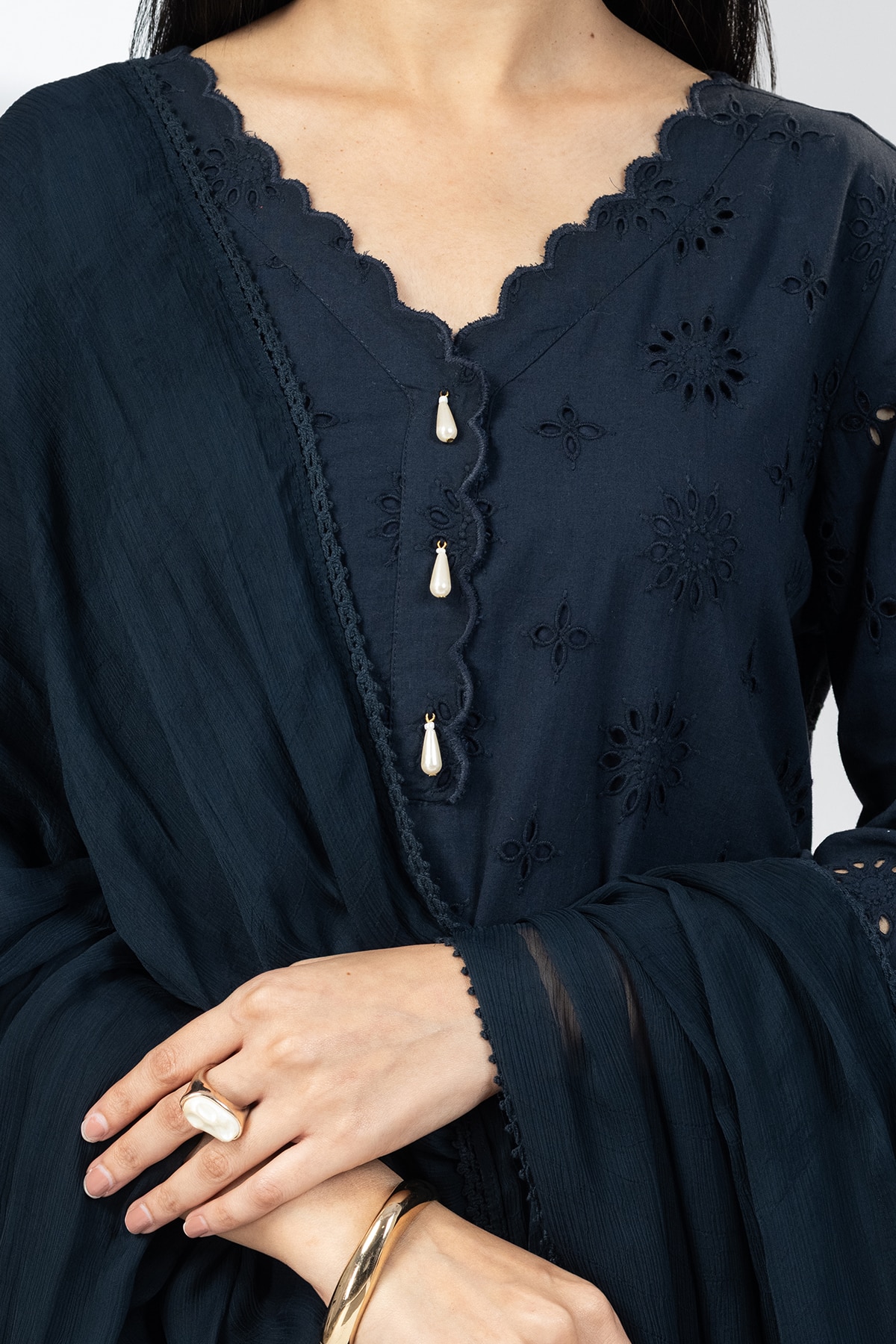 Schiffli Navy Blue Color Kurti For Ladies