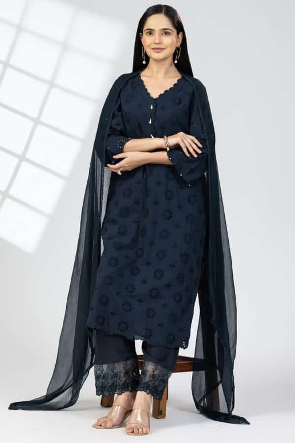 Schiffli Navy Blue Color Kurti For Ladies