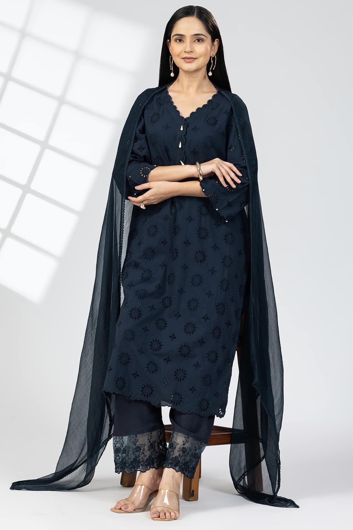 Schiffli Navy Blue Color Kurti For Ladies