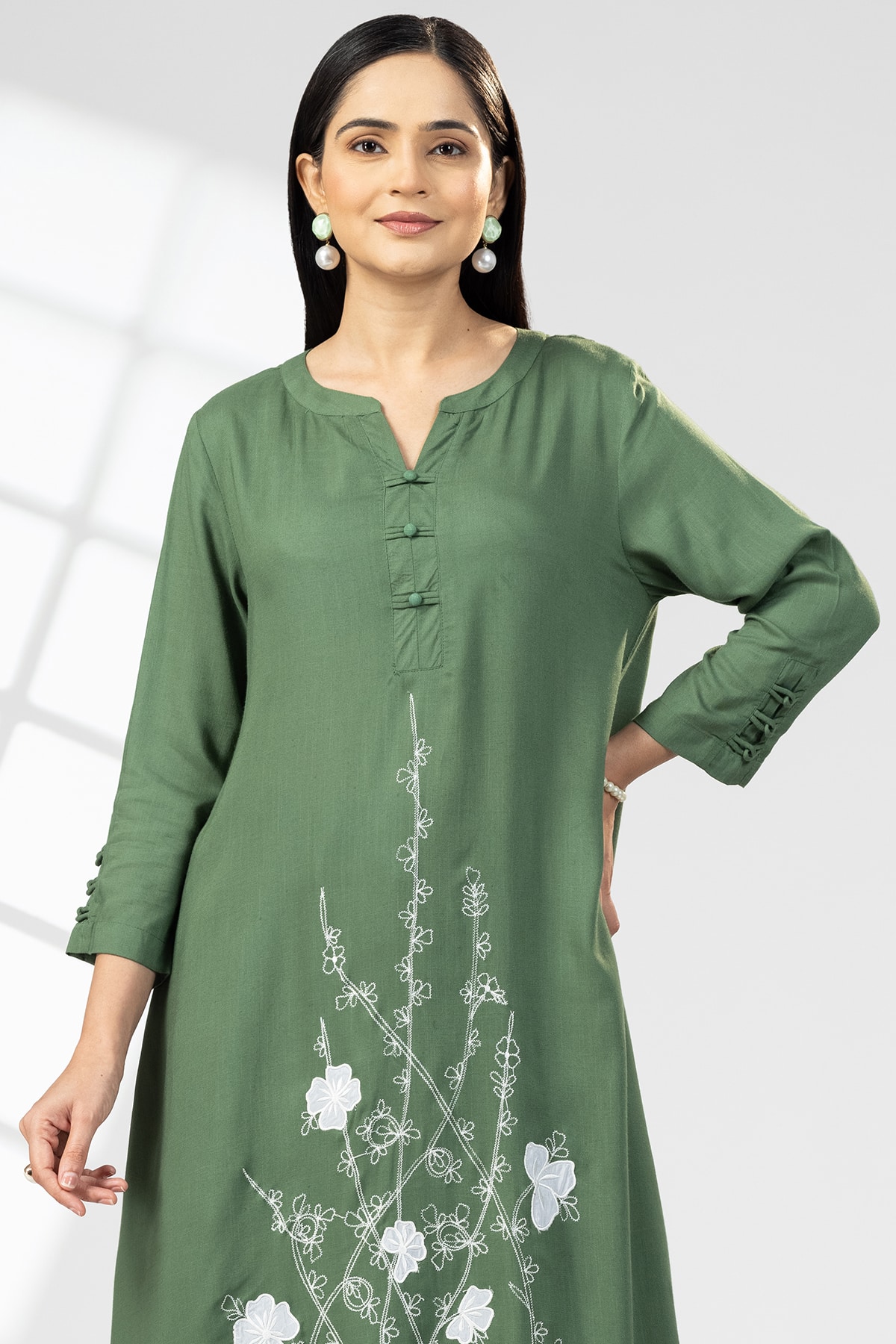 Embroidered Green Kurti For Women