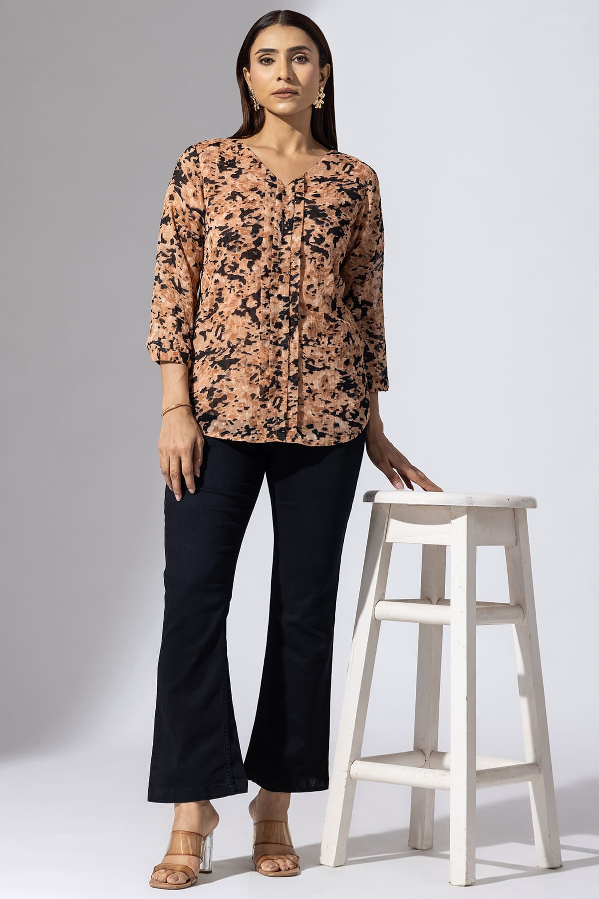 Printed Peach V Neck Tops For Women