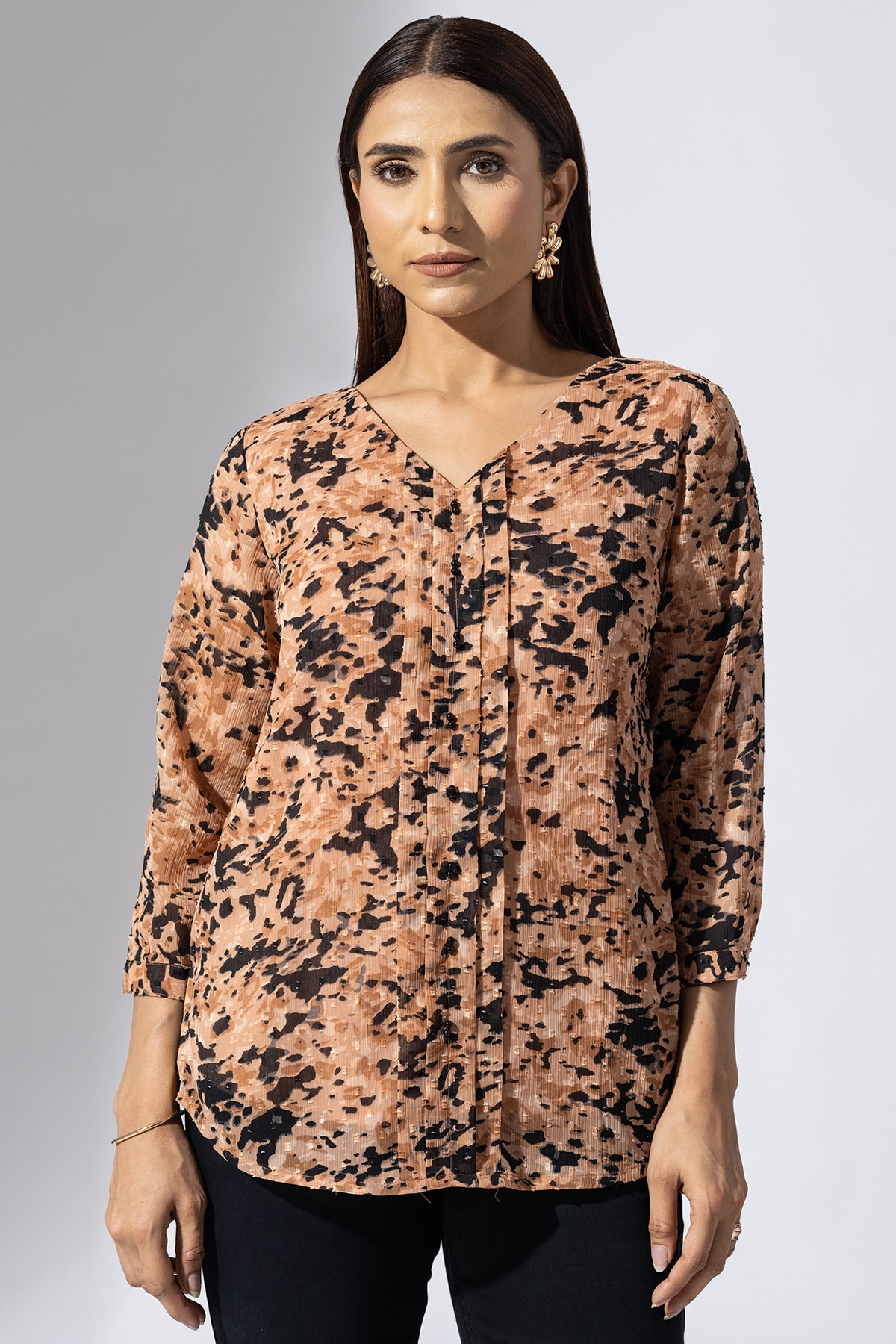 Printed Peach V Neck Tops For Women