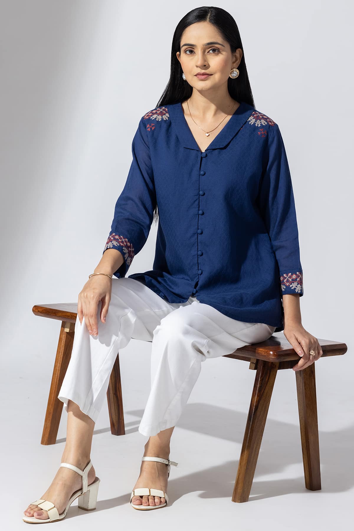 Embroidered Azure Blue Shirt For Ladies